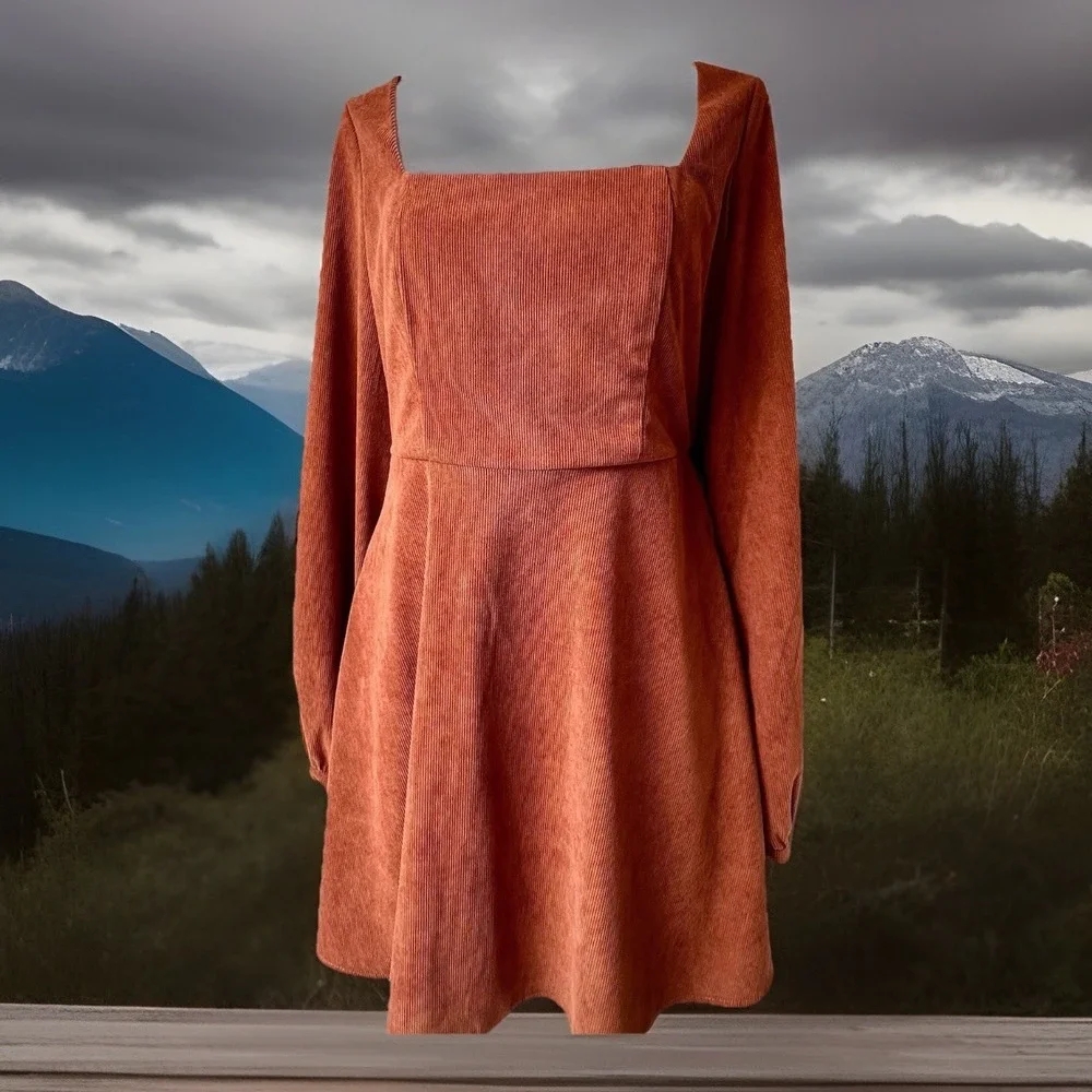 Franchescas Corduroy Babydoll Mini Dress Womens M Rust Brown Orange Square Neck - Picture 2 of 11